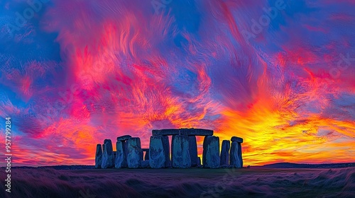 A panoramic photo of Stonehenge during a vibrant sunset, with the ancient stones standing strong against a colorful sky, showcasing the monument's enduring mystery photo