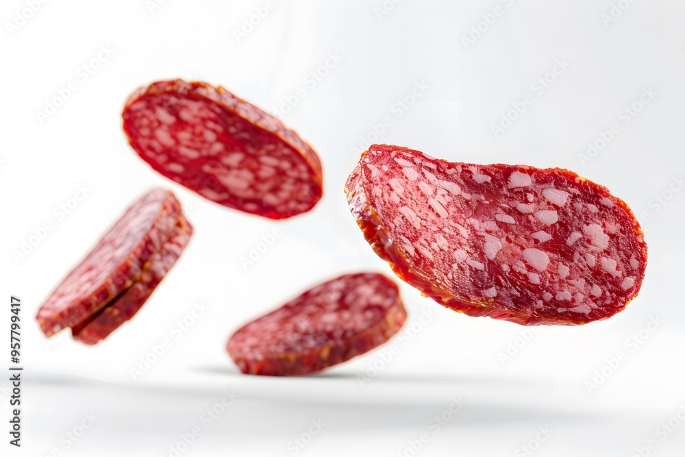 Falling salami isolated on white background, salami in the air Falling salami isolated on white background, salami in the air
