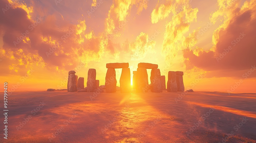 A panoramic view of Stonehenge at sunset, with the sun dipping below the horizon and the sky ablaze with fiery colors, emphasizing the monument's timeless majesty A panoramic view of Stonehenge at sunset, with the sun dipping below the horizon and the sky ablaze with fiery colors, emphasizing the monument's timeless majesty
