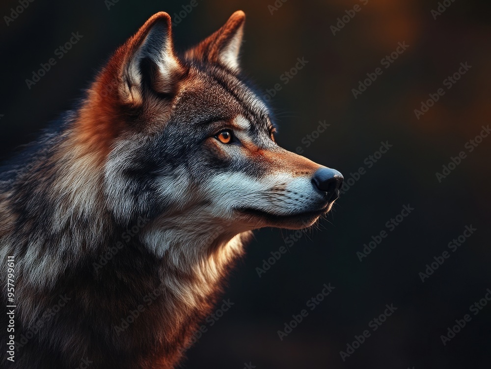 Obraz premium A majestic wolf profile captured in golden hour light, showcasing its intelligent eyes and beautiful fur.