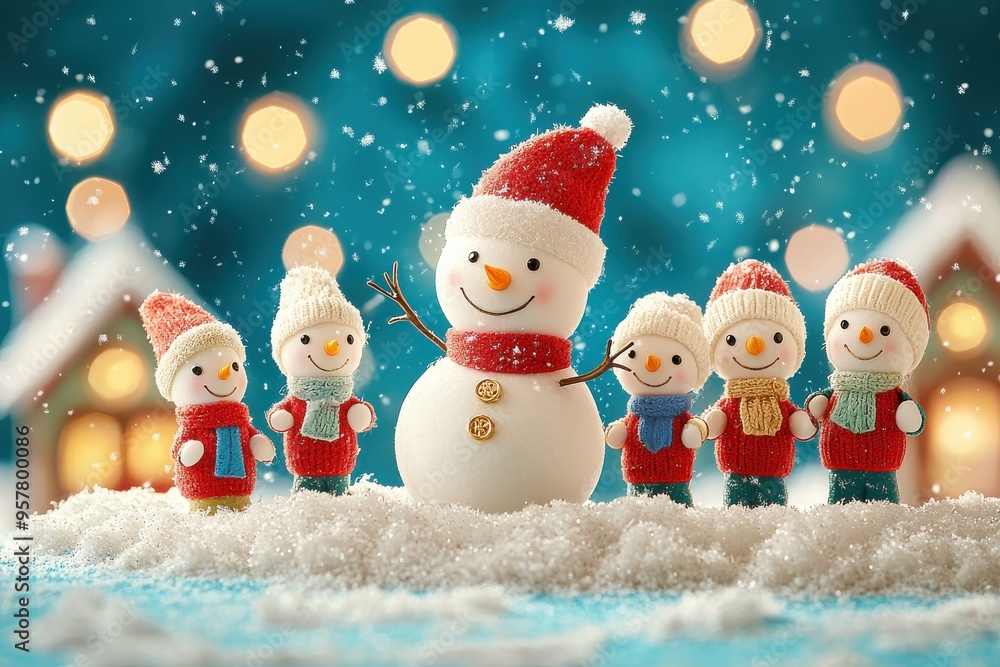 Cute snowman family in winter holiday scene with snow and lights Cute snowman family in winter holiday scene with snow and lights