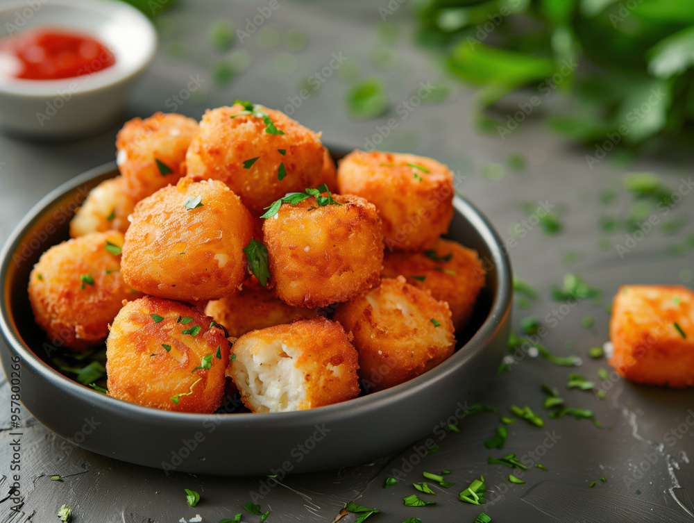 Rustic Spanish Croquetas with Fresh Herbs, Side View on Dark Rustic Slate Rustic Spanish Croquetas with Fresh Herbs, Side View on Dark Rustic Slate