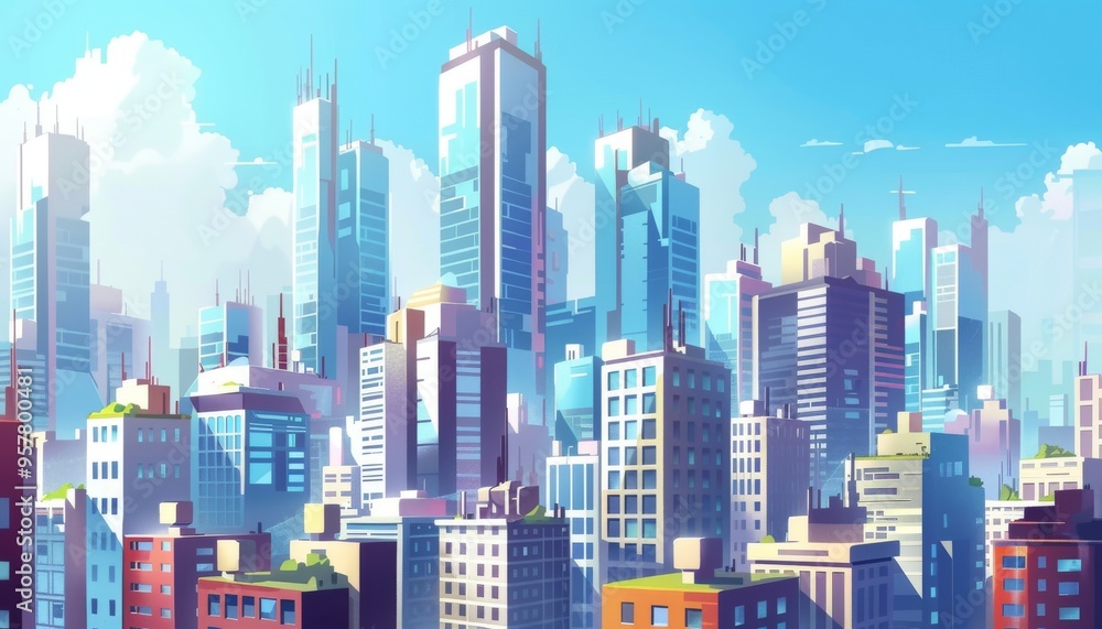Obraz premium Soaring skyscrapers in a vibrant city. Futuristic metropolis. Cyberpunk city. Neon nightscape. Cartoon 2d illustration background