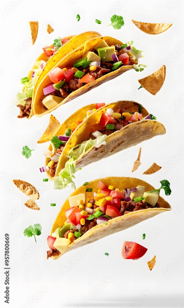 Falling tacos isolated on white background, floating tacos in the air Falling tacos isolated on white background, floating tacos in the air