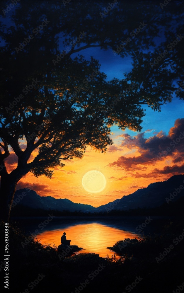 A serene sunset over a calm lake, with silhouetted tree and mountains reflecting golden hues, perfect for relaxation and inspiration.