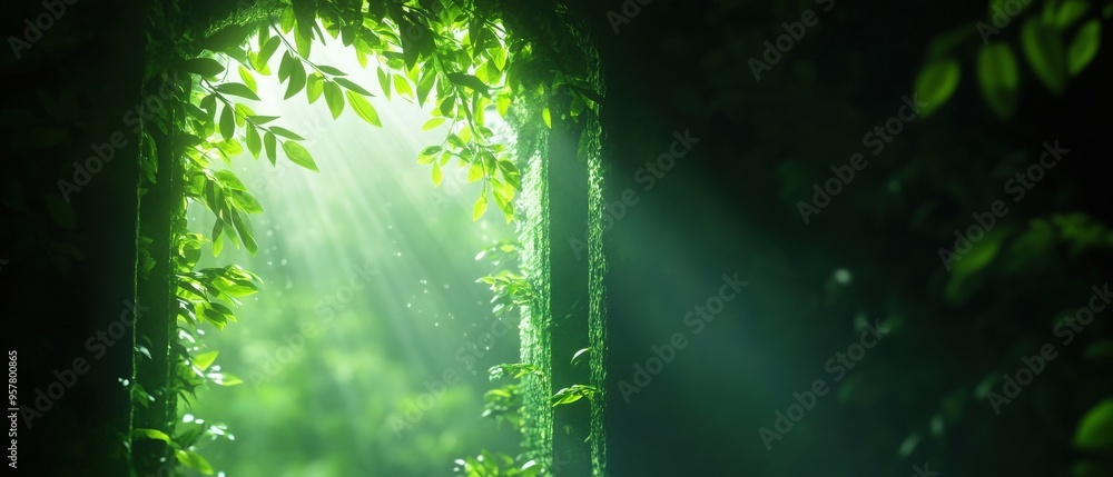 A serene view through a green archway filled with lush foliage and beams of sunlight, creating a tranquil natural atmosphere. A serene view through a green archway filled with lush foliage and beams of sunlight, creating a tranquil natural atmosphere.
