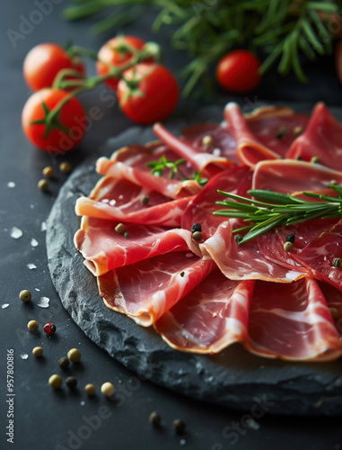 Jamon Iberico with rosemary on a rustic slate, dark food photography