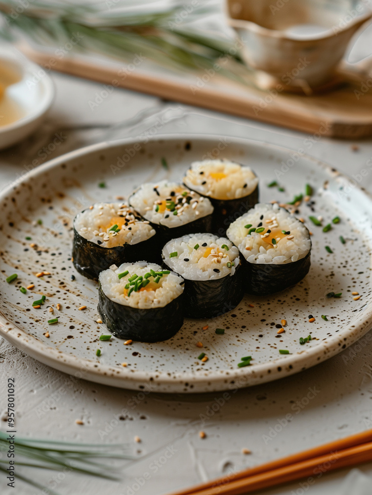 Classic Futomaki roll with vegetables and omelette on a rustic background, close up Classic Futomaki roll with vegetables and omelette on a rustic background, close up