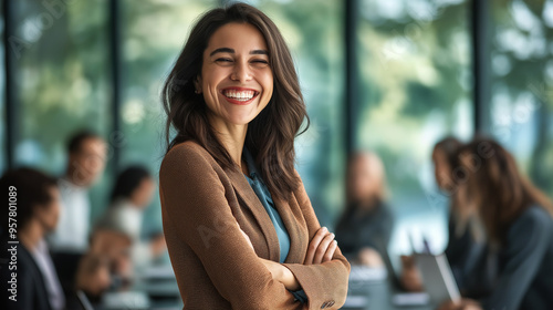 Wallpaper Mural Happy businesswoman laughing while standing in front of her team during a meeting in the conference room with a large window Torontodigital.ca