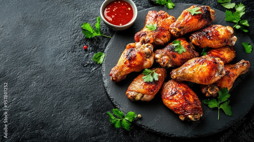 A plate of juicy roasted chicken wings, arranged beautifully on a black stone background, viewed from above. Capturing the essence of delicious, hearty cuisine A plate of juicy roasted chicken wings, arranged beautifully on a black stone background, viewed from above. Capturing the essence of delicious, hearty cuisine