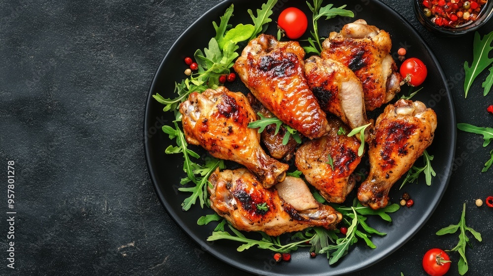 A plate of juicy roasted chicken wings, arranged beautifully on a black stone background, viewed from above. Capturing the essence of delicious, hearty cuisine A plate of juicy roasted chicken wings, arranged beautifully on a black stone background, viewed from above. Capturing the essence of delicious, hearty cuisine