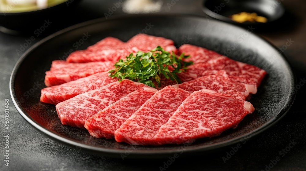 A plate of thinly sliced Japanese Wagyu beef with perfect marbling, ready for a BBQ grill. Exquisite presentation for high-end food and culinary photography. A plate of thinly sliced Japanese Wagyu beef with perfect marbling, ready for a BBQ grill. Exquisite presentation for high-end food and culinary photography.