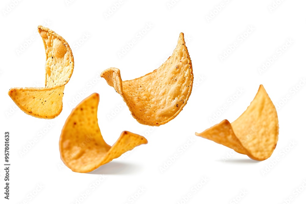 Falling tortilla chips isolated on white background, floating tortilla chips in the air Falling tortilla chips isolated on white background, floating tortilla chips in the air