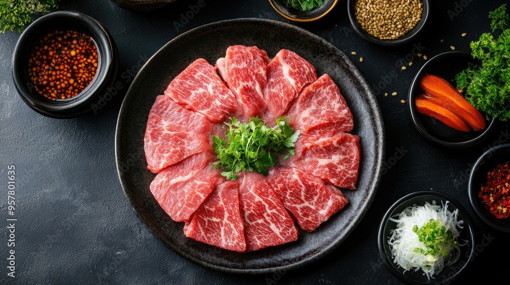 A plate of thinly sliced raw beef with marbled texture, surrounded by traditional side dishes for Sukiyaki or Shabu. Perfect for culinary presentations. A plate of thinly sliced raw beef with marbled texture, surrounded by traditional side dishes for Sukiyaki or Shabu. Perfect for culinary presentations.