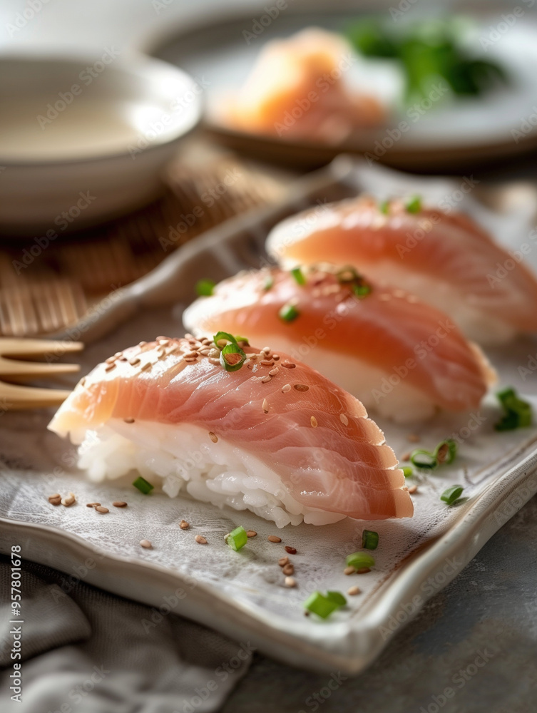 Japanese Hamachi yellowtail nigiri on rice, gourmet sushi dish Japanese Hamachi yellowtail nigiri on rice, gourmet sushi dish