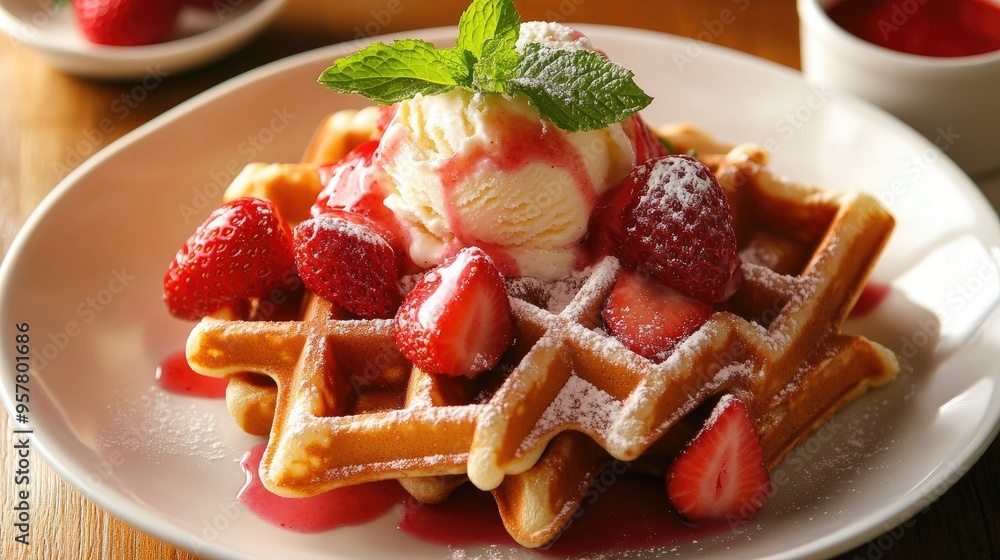 A plate of warm Belgian waffles topped with juicy strawberries and creamy ice cream, with a side of mint leaves for garnish, creating a perfect brunch scene. A plate of warm Belgian waffles topped with juicy strawberries and creamy ice cream, with a side of mint leaves for garnish, creating a perfect brunch scene.