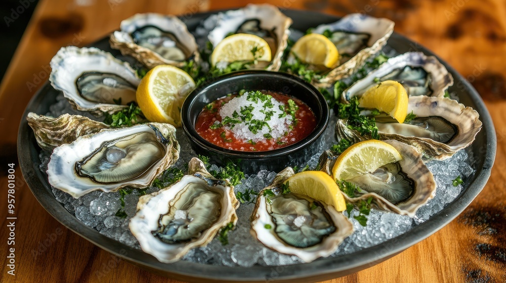 A platter of fresh oysters on ice with lemon slices, sea salt, and a dipping sauce, arranged elegantly for a gourmet seafood dining experience. A platter of fresh oysters on ice with lemon slices, sea salt, and a dipping sauce, arranged elegantly for a gourmet seafood dining experience.