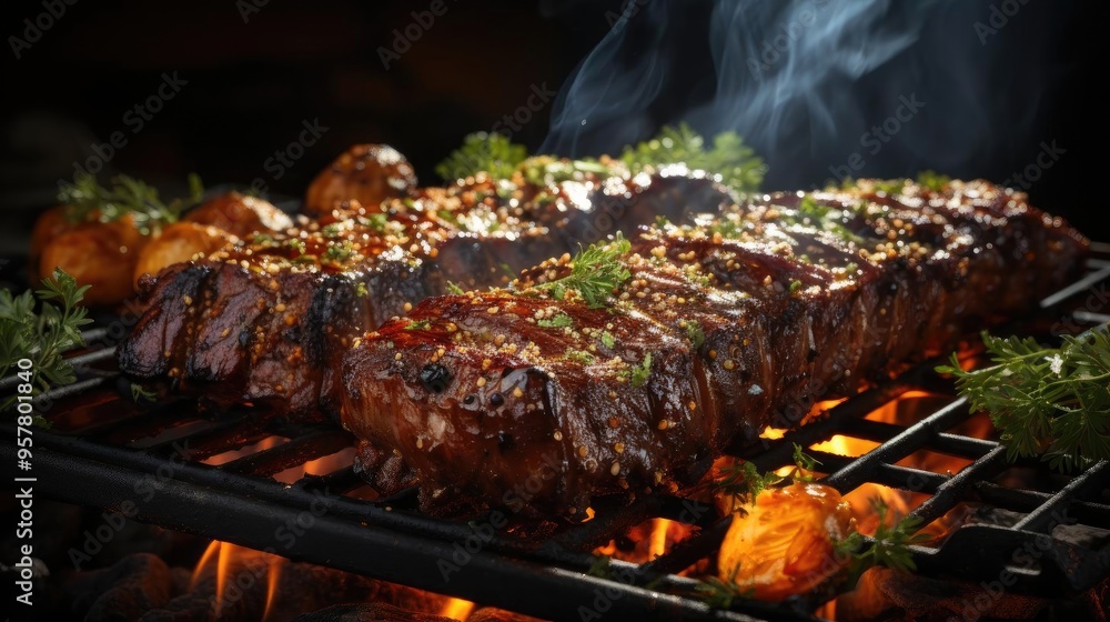 Sizzling steaks on a barbecue grill with charred wood chips and garnished with parsley. Sizzling steaks on a barbecue grill with charred wood chips and garnished with parsley.