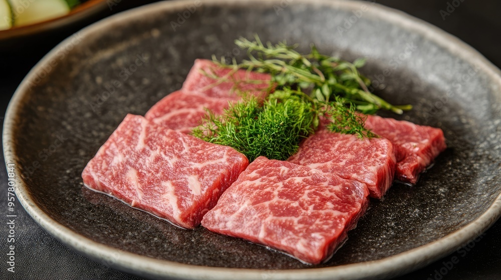 A premium set of raw Wagyu A5 beef slices, ready for yakiniku, arranged on a plate with herbs. Rich marbling and color make it a stunning choice for culinary visuals. A premium set of raw Wagyu A5 beef slices, ready for yakiniku, arranged on a plate with herbs. Rich marbling and color make it a stunning choice for culinary visuals.