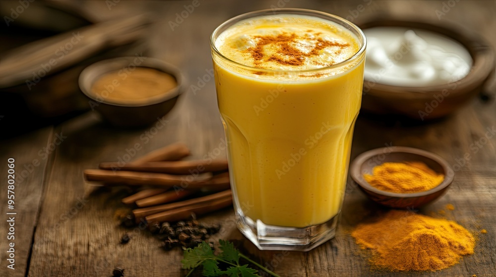 A refreshing glass of turmeric lassi with a frothy top, placed on a wooden table with space for text, surrounded by traditional Indian spices, milk, and curd, a probiotic drink A refreshing glass of turmeric lassi with a frothy top, placed on a wooden table with space for text, surrounded by traditional Indian spices, milk, and curd, a probiotic drink