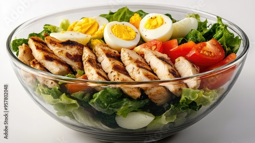 A refreshing Caesar salad in a transparent glass bowl, filled with fresh lettuce, chopped tomatoes, sliced boiled eggs, and grilled chicken, with a creamy Caesar dressing