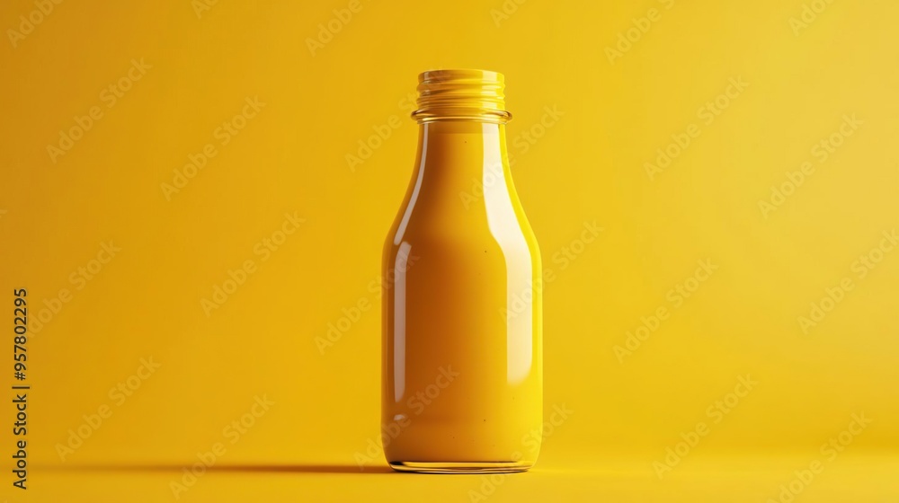 A glass bottle filled with yellow liquid against a vibrant yellow background. A glass bottle filled with yellow liquid against a vibrant yellow background.