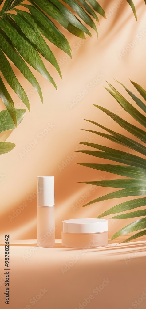 Stylish beauty products on a peach background with tropical leaves, perfect for skincare and cosmetic themes. Stylish beauty products on a peach background with tropical leaves, perfect for skincare and cosmetic themes.