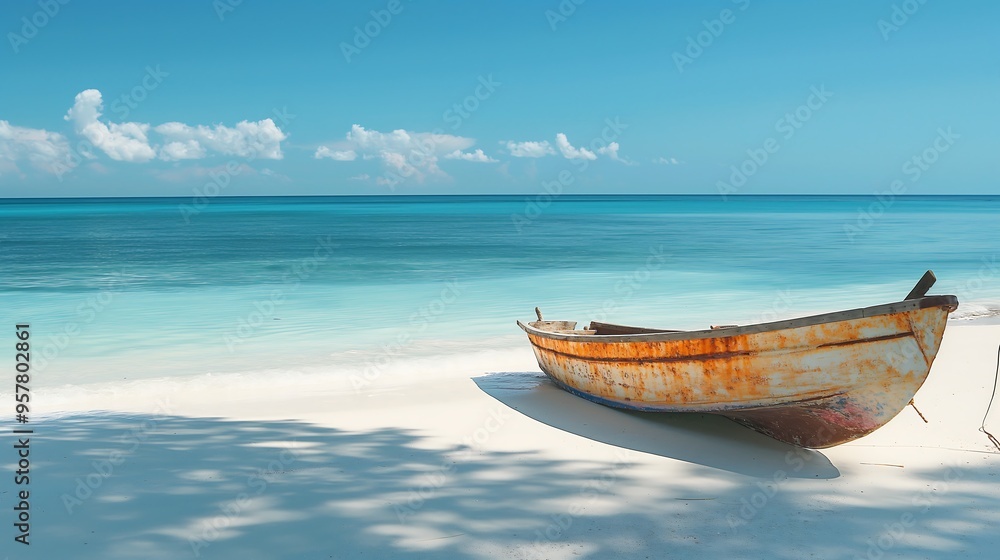 Wooden boat on a clean white beach turquoise sea water Wooden boat on a clean white beach turquoise sea water