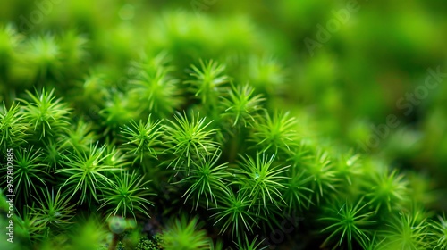 07240954 105. Stunning macro photograph of green moss, with a closeup revealing the delicate textures and vivid green tones, providing a beautiful, natural background for wallpaper