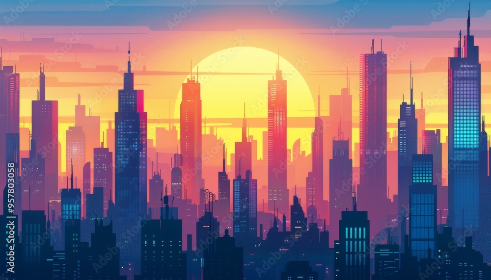 Fototapeta premium Soaring skyscrapers in a vibrant city. Futuristic metropolis. Cyberpunk city. Neon nightscape. Cartoon 2d illustration background