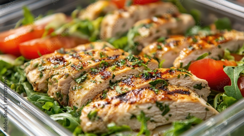 A selection of grilled chicken salad lunch boxes ready for delivery, displayed in a cooler bag, highlighting the convenience and freshness of a healthy meal service A selection of grilled chicken salad lunch boxes ready for delivery, displayed in a cooler bag, highlighting the convenience and freshness of a healthy meal service