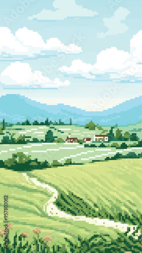 Pixelated countryside landscape scene