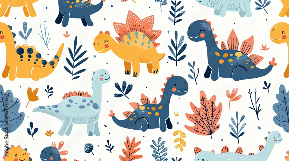 Fototapeta premium Seamless Pattern with Cartoon Dinosaurs and Floral Elements