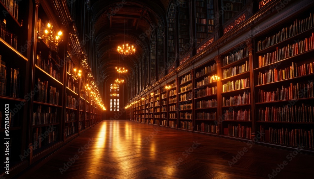 A dimly lit library hallway creates a warm and inviting atmosphere filled with shelves of books and elegant chandeliers. A dimly lit library hallway creates a warm and inviting atmosphere filled with shelves of books and elegant chandeliers.