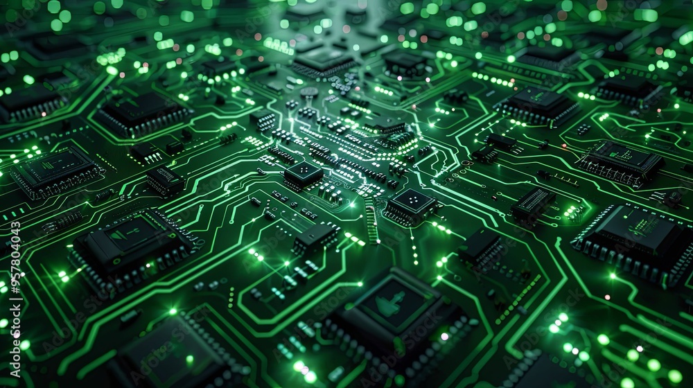 Green Circuit Board with Glowing Components and Traces Green Circuit Board with Glowing Components and Traces