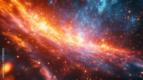 3D animation of an abstract cosmic background with colorful glowing firework lines, laser rays, and falling stars from the Big Bang.