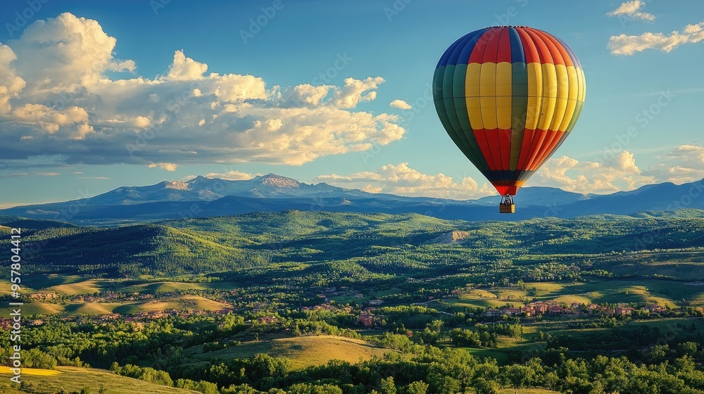 Naklejka premium A single, brightly colored balloon flying over a scenic countryside landscape, capturing the freedom and beauty of outdoor adventure.