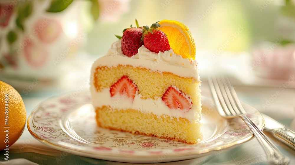 A slice of vanilla cake topped with orange and strawberry, served on a fine china plate with a fork beside it, ideal for illustrating a dessert recipe A slice of vanilla cake topped with orange and strawberry, served on a fine china plate with a fork beside it, ideal for illustrating a dessert recipe