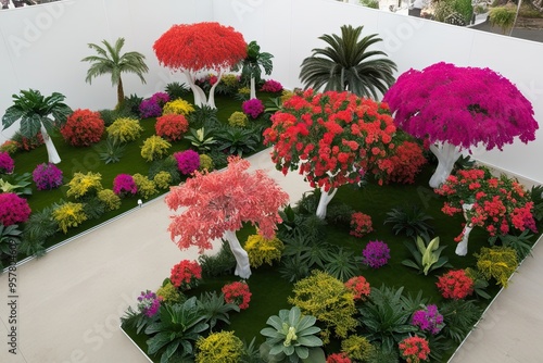 Aerial View of Vibrant Bombax Cebia and Bougainvillea Tropical Shrubs in 3D Floral Landscape Design photo