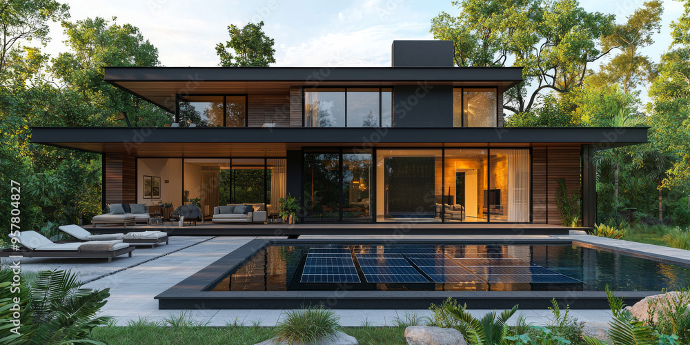 Modern black house with a swimming pool and patio furniture. The house is surrounded by lush green trees. Modern black house with a swimming pool and patio furniture. The house is surrounded by lush green trees.