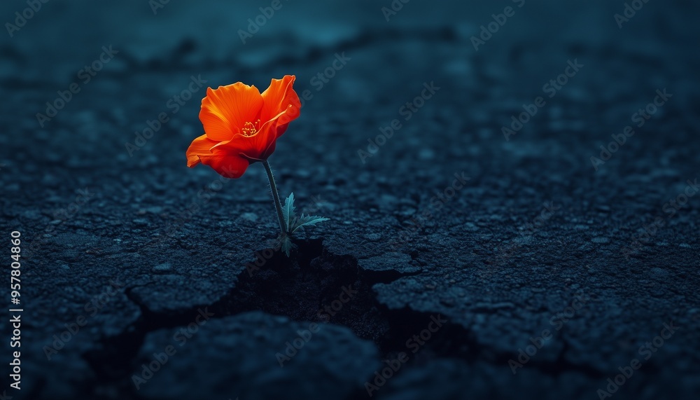Focused on red flower sprout on darkness soil crack climate weather dramatic effect Focused on red flower sprout on darkness soil crack climate weather dramatic effect