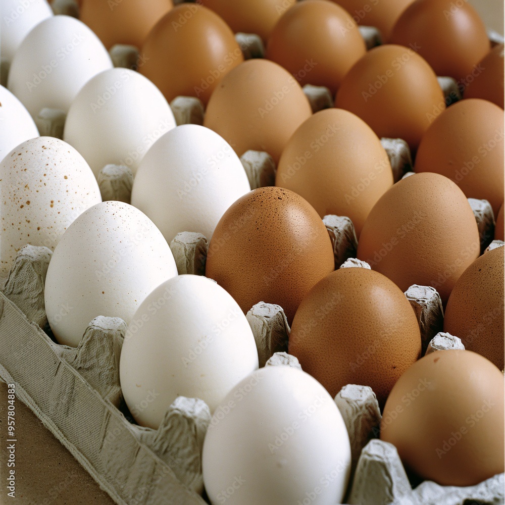 07240954 41. A carton filled with a mix of fresh brown and white eggs, showcasing their natural textures and colors 07240954 41. A carton filled with a mix of fresh brown and white eggs, showcasing their natural textures and colors