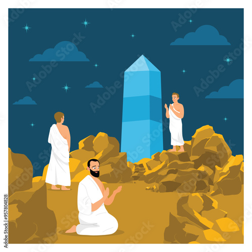 Hajj pilgrims perform wukuf at Arafah. Muslim man praying and staying silent on Mount Arafah. Islamic Hajj Pilgrimage concept. Flat vector illustration.