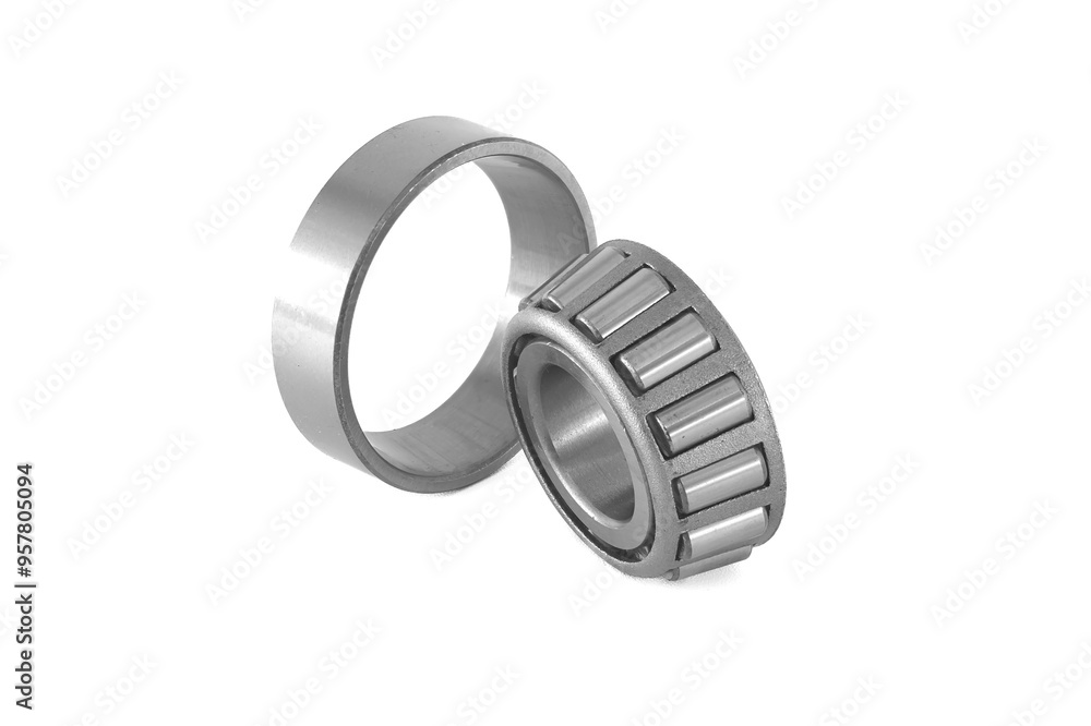 Stainless steel cylindrical roller bearing with an inner ring isolated on white background Stainless steel cylindrical roller bearing with an inner ring isolated on white background