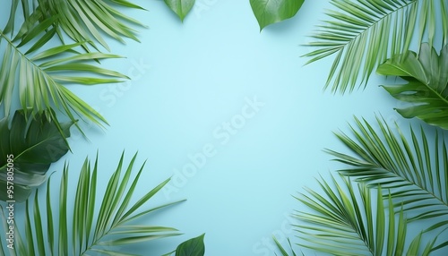 Circular arrangement palm leaves copy space isolated soft blue background