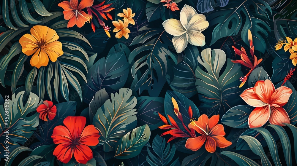 Lush Tropical Foliage with Vibrant Flowers Lush Tropical Foliage with Vibrant Flowers