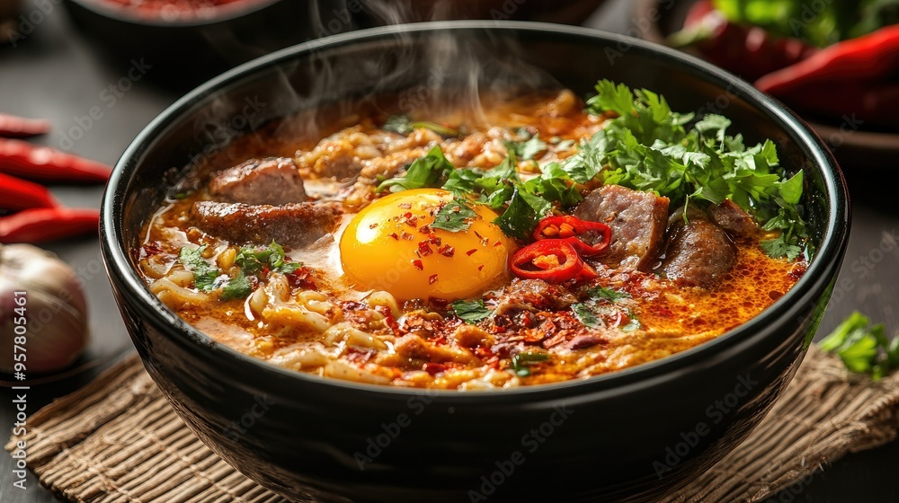 A steaming bowl of Nyonya Laksa featuring crispy pork bacon, savory sausage, and a bright egg yolk, topped with herbs and red chili slices, ideal for a cookbook or menu A steaming bowl of Nyonya Laksa featuring crispy pork bacon, savory sausage, and a bright egg yolk, topped with herbs and red chili slices, ideal for a cookbook or menu