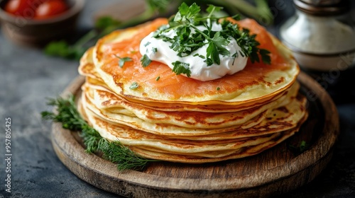 A stack of thin, golden blinchiki with salmon, sour cream, and fresh herbs on a wooden board. Perfect for showcasing a traditional Russian dish photo