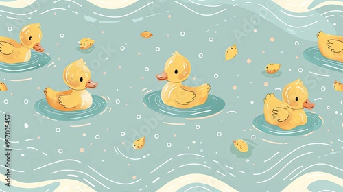 Yellow Rubber Ducks Floating on Blue Water with White Waves