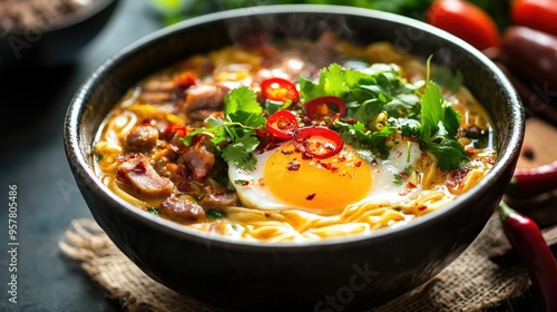 A steaming bowl of Nyonya Laksa featuring crispy pork bacon, savory sausage, and a bright egg yolk, topped with herbs and red chili slices, ideal for a cookbook or menu